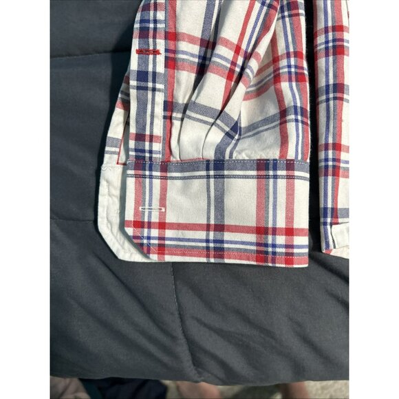 Thomas Pink Shirt Men’s White Blue Red Checker Cotton Button Down XL Y2K - Picture 7 of 9